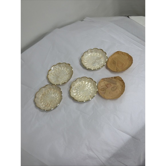The Unbranded Brand Other - Vtg Capiz Shell 4" Gold/Brass Tone Trim Scalloped Coasters 2 Orig. Inserts